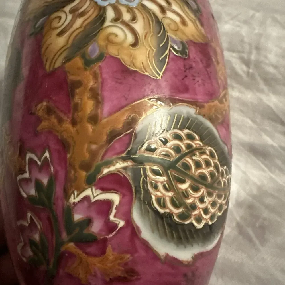 Vintage WBI Chinese Vase Porcelain Floral Design Blue Pink 12” Tall Gold Outline